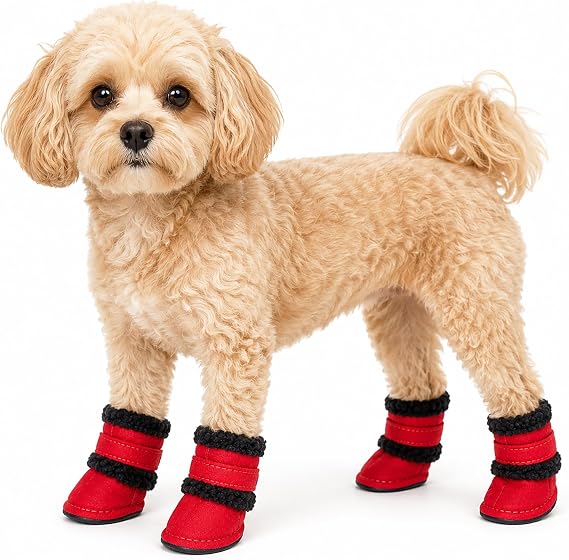 Pet Life 'Duggz' Shearling Köpek Ayakkabıları - Ayak Bileği Desteği için Çift Kanca ve Halka Kapamalı Kış Köpek Botları - Köpekler için 4'lü Ayakkabı Seti