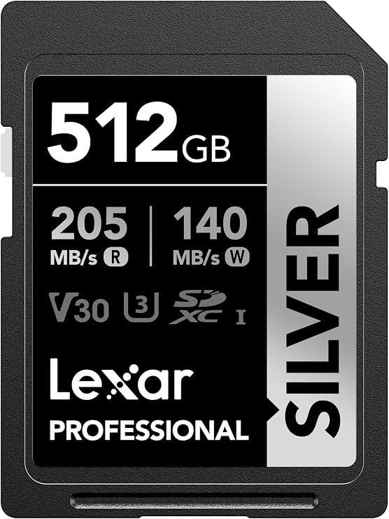 Lexar 512GB Silver SD Memory Card, 205MB/s Read, 4K, V30, U3, UHS-I