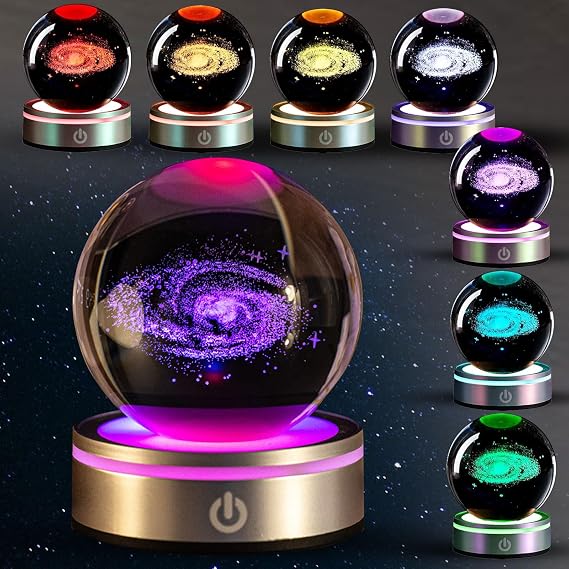 3D Solar System Model Crystal Ball, Galaxy Planets Glass Ball Lamp 6 Colors Changing Crystal Sphere Unique Astronomy Decor Space Gifts for Bedroom Decor