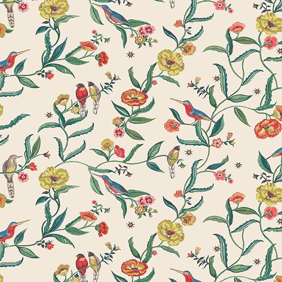 Muriva Cath Kidston Summer Birds Wallpaper - Modern Wallpaper for Living Room, Bedroom, Fireplace - Decorative Luxury Wall Paper with Kingfisher Birds Amongst Trailing Flowers & Leaves (Cream)