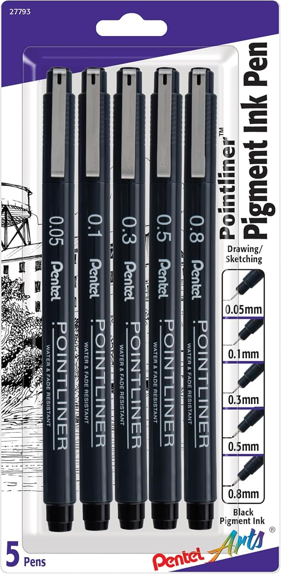 Pentel Arts Pointliner Drawing Pen, 5-Pack, Assorted Sizes, Black Ink (S20PBP5A)