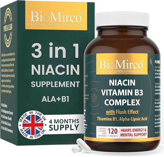 Niacin Supplements with Flush Effect, B3 Vitamin Supplement, Nicotinic Acid, B1 Thiamine, ALA, 120 Capsules, Cognitive Function, Cholesterol, Heart & Energy, 50mg Active Form (niacinamide alternative)