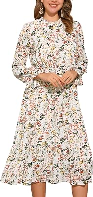 Allegra K Fall Casual Floral Dress for Women 2025 Long Sleeve Crew Neck Chiffon Midi Tea Party Ruffle Dresses