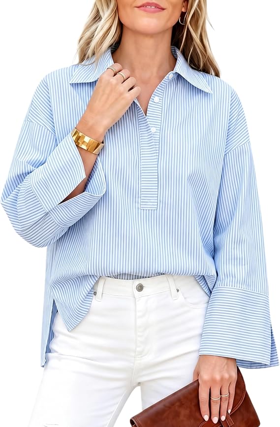 Watashi Women Button Down Shirt Striped Print Henley Shirts