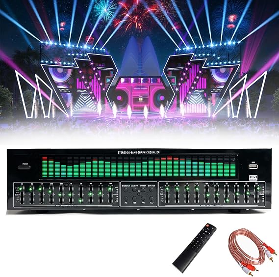 Digital Graphic Equalizer with Remote Control Audio Cable 12 Rhythm Modes Automatic Noise Reduction & LED Spectrum Analyzer for Recording Studios