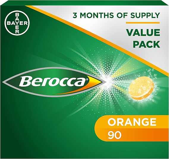 Berocca Vitamin C Effervescent Tablets, with Magnesium, Vitamin B12 & Vitamin B Complex, Orange Flavour, 1 Pack of 90 Tablets - 12 Weeks Supply