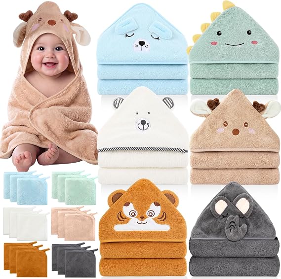 Tegeme 24 Pcs Hooded Baby Towels and Washcloths Set, Forest Friends