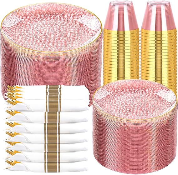 Rubtlamp 700Pcs Pink Gold Plastic Plates, Fancy Hammer Party Plate, Pink Plastic Dinnerware Set Include 100 Dinner Plates,100Salad Plates,100Cups,100Pre Rolled Gold plastic Silverware for Party