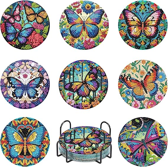 8 Pcs Butterfly Diamond Art Coasters Kits with Holder, DIY Butterfly Diamond Painting Coasters Mosaic Kits for Adults, Round Non Slip Coaster Crafts for Tabletop Protection and Gifts