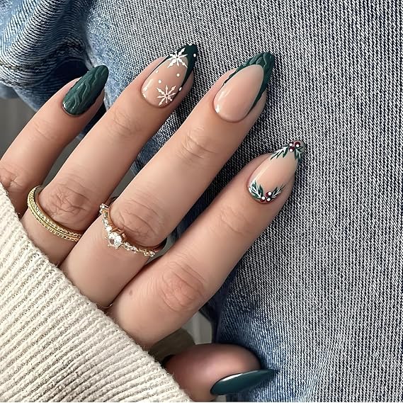 LPOODDNU Christmas Press on Nails Almond - Green French Tip Medium Fake Nails with Snowflake Designs, Glossy Finished Reusable False Nails with Adhesive Glue Tabs - 24Pcs Nail Kit for Women Manicure
