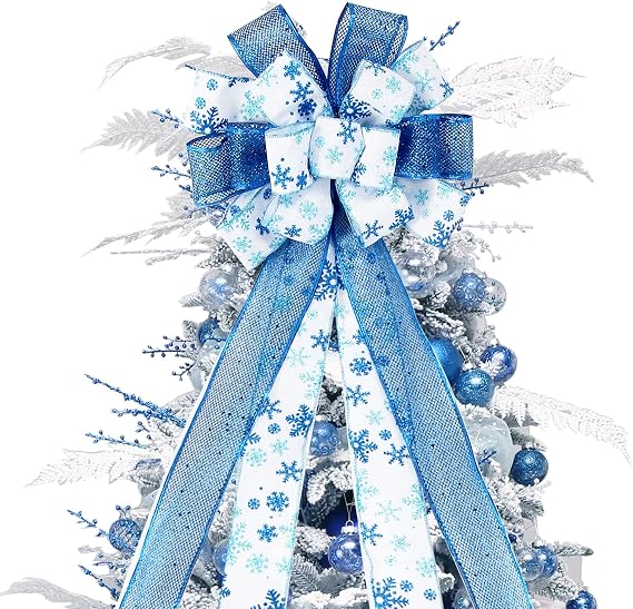 Blue/White Christmas Tree Topper Bow for Xmas Tree Decorations
