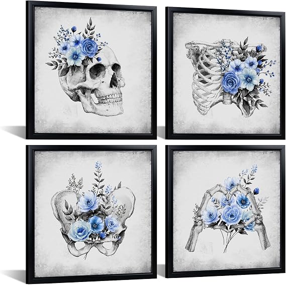 KREATIVE ARTS 4-Piece Gothic Skull Canvas Wall Art Set with Black Frame