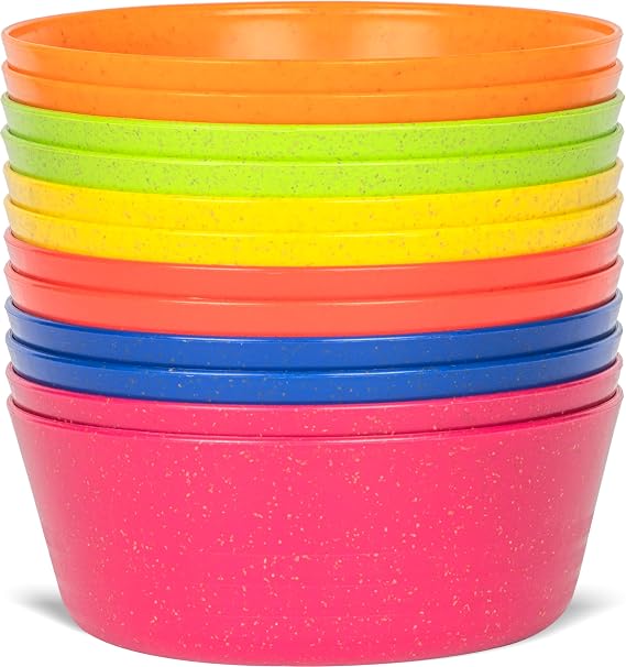 PLASKIDY Kids Bowls Wheat Straw Set of 12 Toddlers Bowls 10 Ounce Microwave/Dishwasher Safe BPA Free Non Toxic Children Bowls 6 Bright Colors Great for Cereal, Soup, Snack Bowls