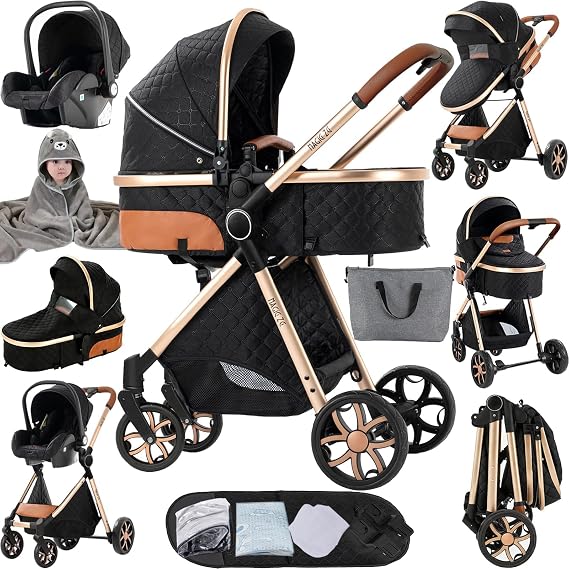 Magic ZC 3 in 1 Pushchair Pram Travel System, Baby Stroller 3 in 1 with Reversible Two Pushing Modes, Newborn Infant Carriage One-Click Folding, Toddler Buggy Aluminum Frame (V9 Black)