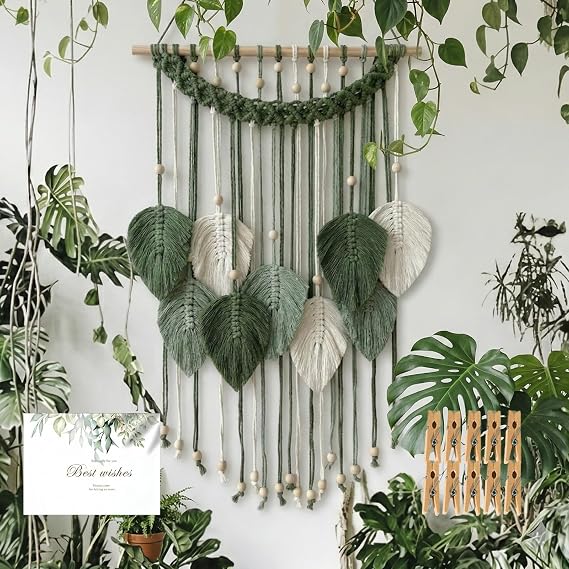 SunsprieJoy Macrame Wall Hanging, Boho Wall Decor Handmade Yarn Woven Leaf Tapestry, Modern Wall Art for Bedroom Nursery Kitchen Dining Room Bathroom, Home Decoration Gift for Women Green