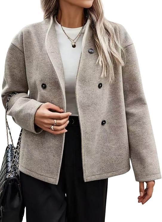 chouyatou Women's Winter Loose Fit Cropped Wool Coat Button Down Dressy Short Blazer Jacket Trench Coat