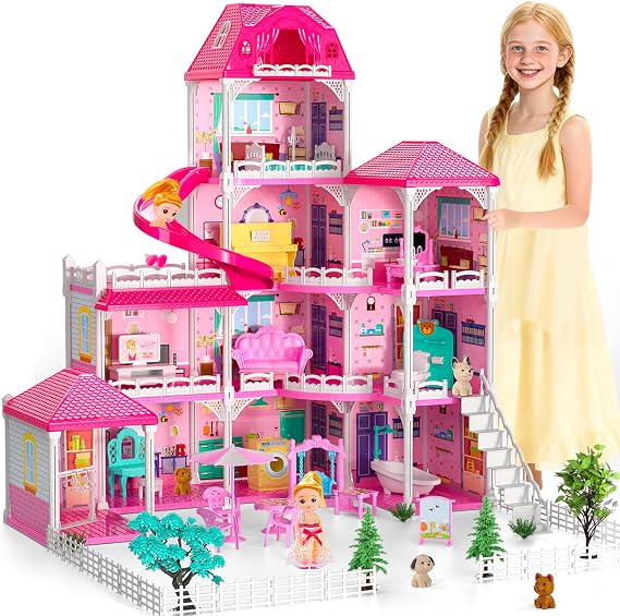 4-Story DIY Princess Dollhouse with Furniture & Slide for Girls 3-8