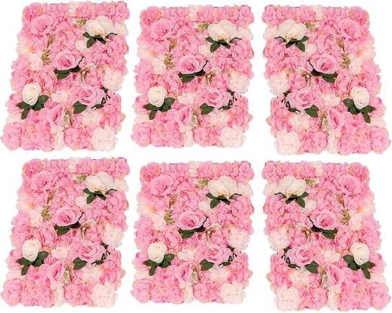 Flower Wall Panel Backdrop Decor, 6 Pcs 24 x 16 Inch Dark Pink Artificial Floral Background, 3D Silk Fake Rose Wall Decoration for Wedding Party Baby Bridal Shower DIY Centerpieces