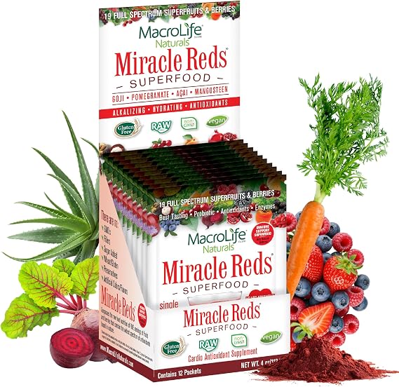 MacroLife Naturals Miracle Reds Superfood Powder, 19 Fruits, 12 Packets