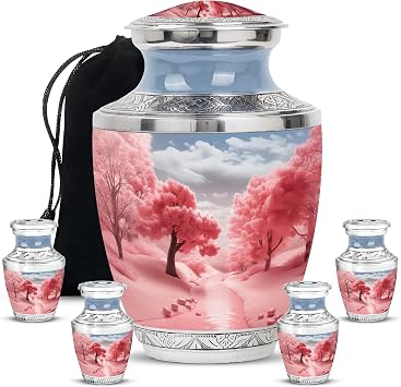 Fashionzaadi Pink Urns for Human Ashes Adult Man - Handcrafted Large Burial Urn for Women - 4 Mini Charry Blossom Decorative Urns for Home Decor - Grey Memorial Urn for Loved Ones (Set of 5-10" & 3")