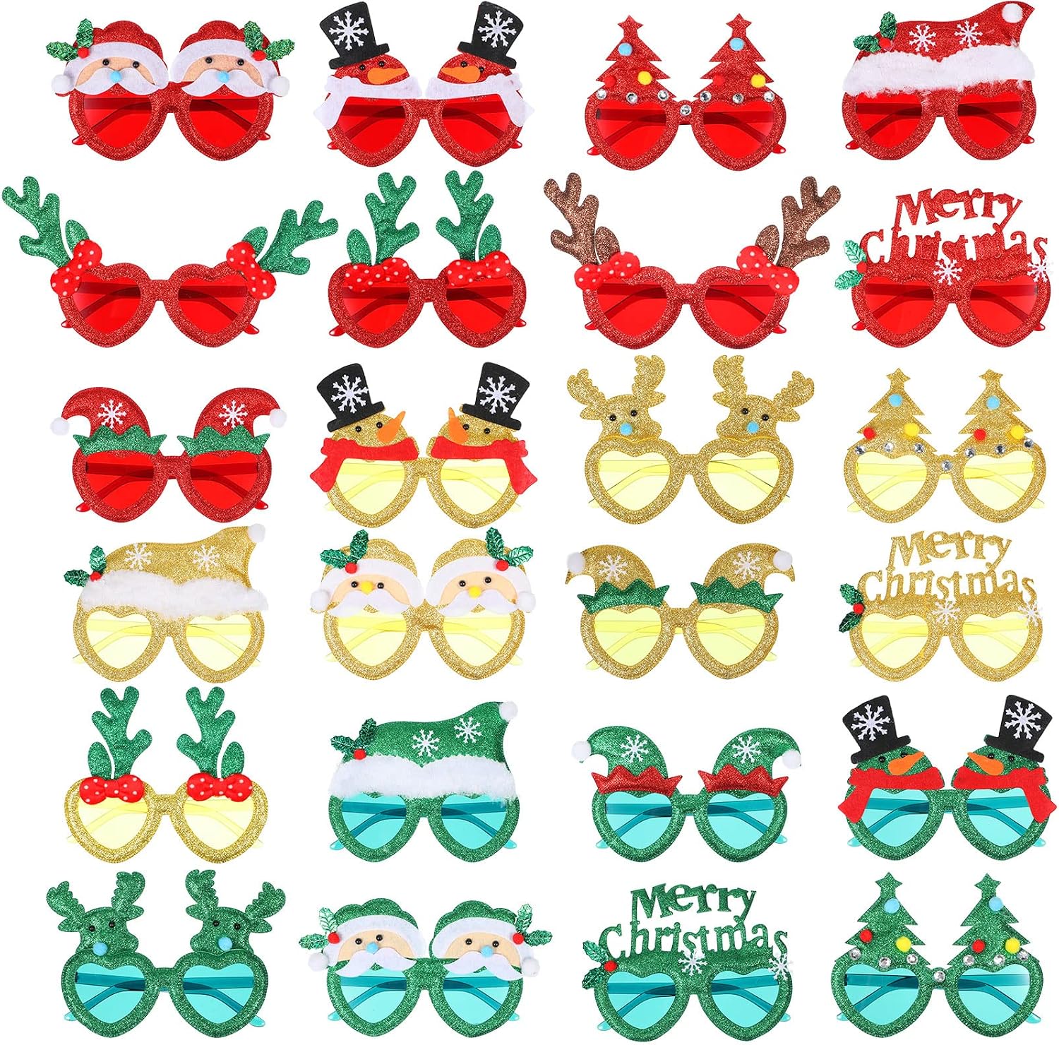 24 Pcs Glitter Christmas Sunglasses Novelty Christmas Tree Glasses Eyewear Christmas Decoration Costume Eyeglasses for Xmas Party Favors Photo Booth