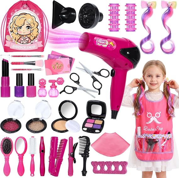 Hair Salon Toys for Girls, 36PCS Kids Pretend Play Makeup Sets, Dress Up Beauty Hair Stylist Toy Kit with Barber Apron, Hair Dryer, Curling Iron, Mirror, Scissors and Styling Accessories