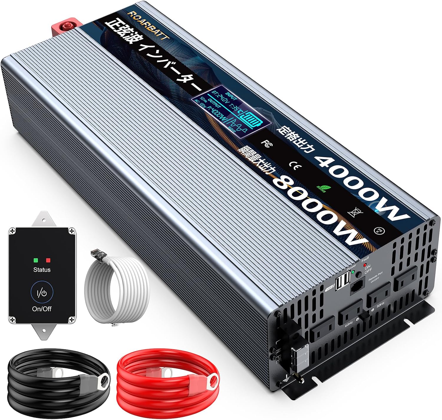 24V 4000W Inverter Pure Sine Wave Instant Max 8000W Converts DC24V to AC100 Remote Control 5060Hz Switchable AC Outlets×4, USB Sockets×2 For Vehicle and Home Use No Load Current 0.4-0.8A