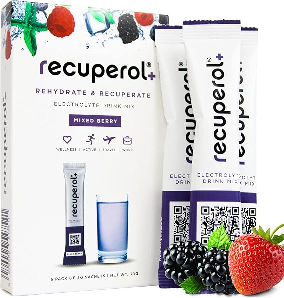 Recuperol Electrolytes Sachets - Rehydration Electrolytes Powder with Zinc, Vitamin C, B12, D3 & Potassium for Hydration - Sugar Free, Vegan & Low Calorie - Mixed Berry 6 Pack