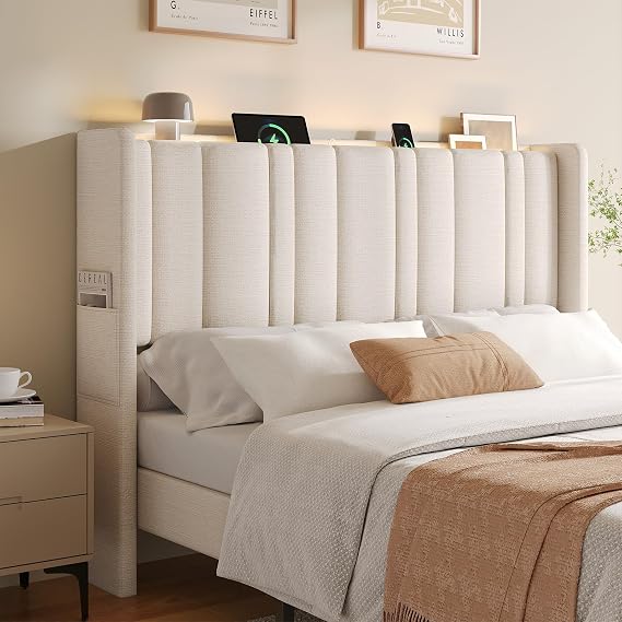 ONBRILL Queen Size Headboard with Storage, LED Light, Off White