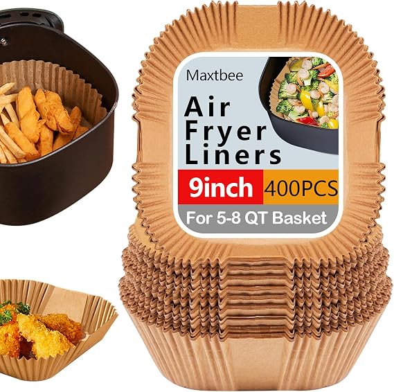 9 Inch Air Fryer Liners Disposable, 400Pcs Square Air Fryer Paper Liners, Oil-Proof & High-Temperature Resistant Parchment Baking Paper for Air Fryer, Microwave and Oven(Bottom Is 8 Inch)