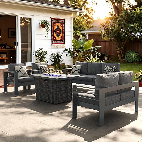 LayinSun Aluminum Furniture Set with Fire Pit Table, 5 Pieces Patio Sectional Conversation Chat Sofa Modern Seating Set