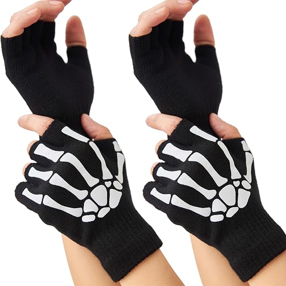 OTPEH Women 2 Pairs Skeleton Gloves Fingerless Touch Screen Winter Warm Hand Skull Gloves For Adult Glow In The Night