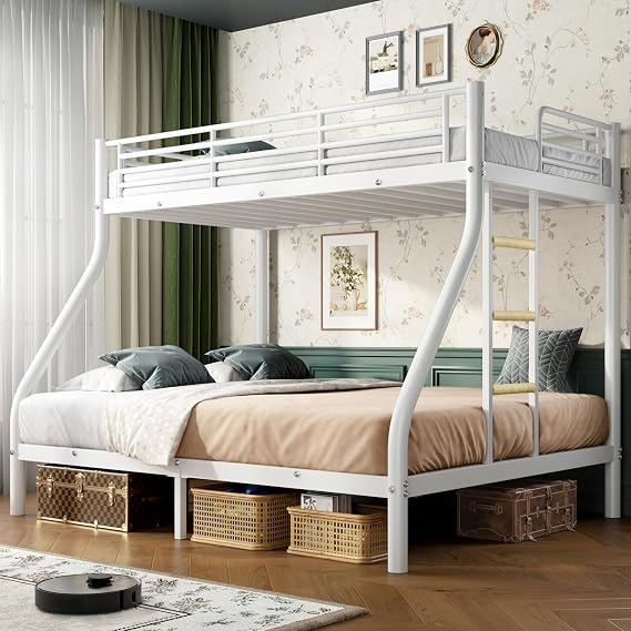 Twin XL Over Queen Bunk Bed Size, Heavy Duty Bunk Beds with Bottom Space & Guardrail Metal Bunk Bed Frame for Adults Dorm Bedroom Guest Room, No Box Spring Needed(White)