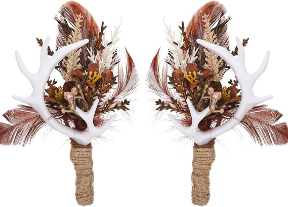 Brown Boutonniere for Men Set - 2 PC Handmade Feather Corsage for Wedding Antler Rustic Boutonniere for Groom Groomsmen Ceremony Anniversary Formal Dinner Party Prom Brown