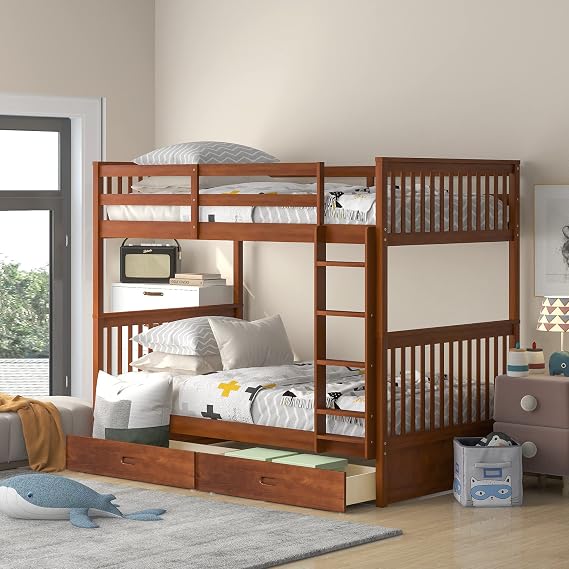 GOWE Twin-Over-Twin Bunk Bed with Ladders and Two Storage Drawers (Walnut)(Old SKU:LT000265AAD)