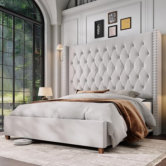 Jocisland Queen Bed Frame 61.4" Tall Headboard Velvet upholstered,Cream