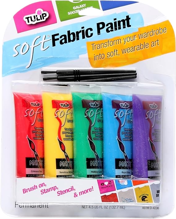Tulip Soft Fabric Paint, Permanent on Clothes, Bold Primary Colors, 8 Pieces, 5 Paint Tubes .9 fl oz (4.5 fl oz), 3 Brushes