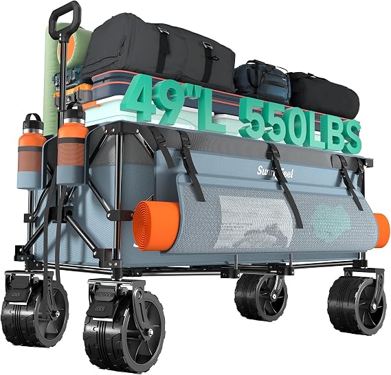 SUNNYFEEL 49" L Foldable Wagon Cart with Big Wheels - 550lbs Heavy Duty Extra Long Collapsible Shopping Cart - Utility Grocery Wagon for Garden Sports Camping Outdoor Activities (Blue)