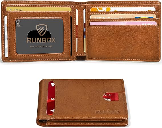 RUNBOX Wallet for Men, Slim Leather Bifold, RFID Blocking Card Holder