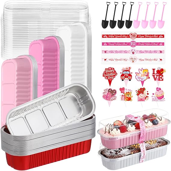 24 Sets Valentines Mini Loaf Pans with Lids, Cake Toppers, Shovel Spoons, Stickers Disposable Rectangular Aluminum Foil Cake Tins Pans Set for Valentine's Day Baking Supplies Party Favors