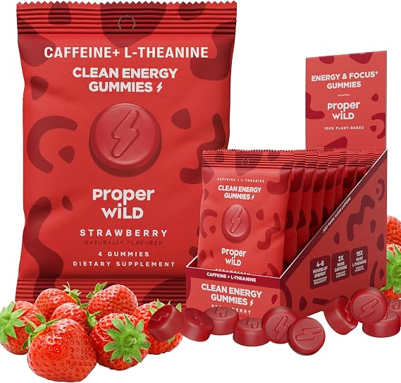 Proper Wild Energy Chews & Gummies for Focus & Clean Energy, Vegan with L-Theanine & Organic Caffeine, Plant-Based, Gluten-Free, Non-GMO, Strawberry (10-Pack)