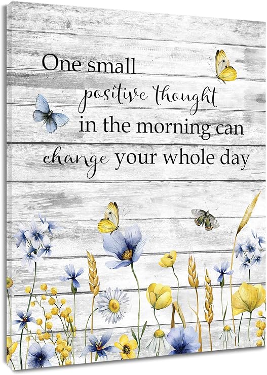 LB Blue Yellow Floral Wall Art for Bathroom Vintage Butterfly and Wildflower on Grey Abstract Canvas Wall Art Inspirational Quotes Wall Pictures for Living Room Bedroom Office Ready To Hang,8x10 Inch