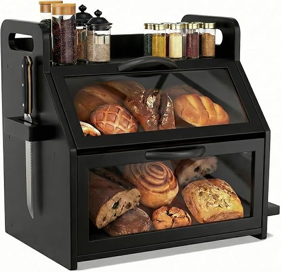 BAMBANG Extra Large Bread Box, Double Layer Bread Box for Homemade Bread, Bamboo Wooden Bread Storage Container with Tool Holder & Handles & Window, Assembly Required(38 x 28 x 40cm) Black
