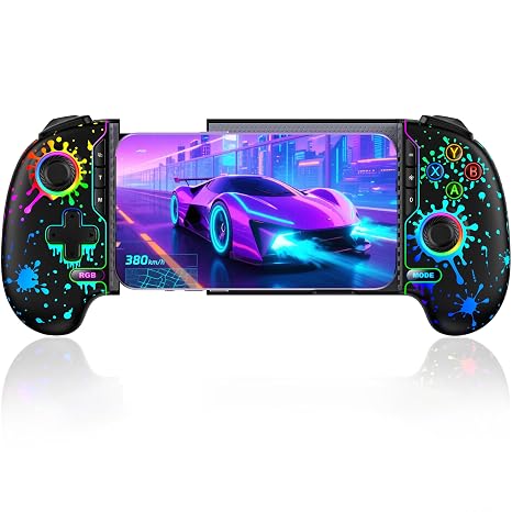 Mobile Game Controller for iPhone/Android Handheld Gaming, Wireless Phone Gaming Controllers with (Programmable) /Hall Effect Joysticks & Analog Triggers/Adjustable Turbo (Black with Watercolor Pattern Lights)