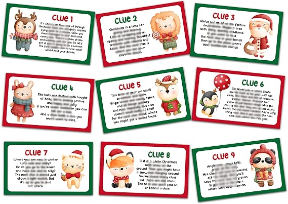 Christmas Treasure Hunt Clues - Xmas Scavenger Hunt Clues - Outdoor Indoor New Year Riddles - Christmas Party Games for Kids Adults - New Year Party Activities & Decorations (13 Pack)-01