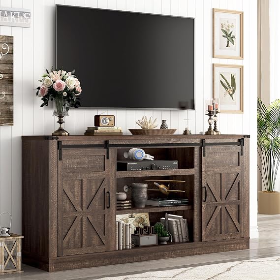Hlivelood 66" Farmhouse TV Stand for 75 Inch TV, 33" Tall Entertainment Center with Power Outlets & Sliding Barn Door, Wood TV Stands with Storage, TV Media Console for Living Room, Brown
