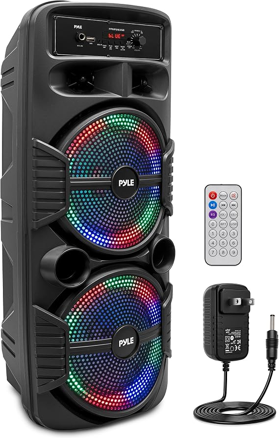 Pyle Portable Bluetooth PA Speaker System-600W Rechargeable Indoor/Outdoor Bluetooth Speaker Portable System w/Dual 8 Subwoofer 1Tweeter, Microphone in, Party Lights, USB,Radio, Remote-PPHP2835B