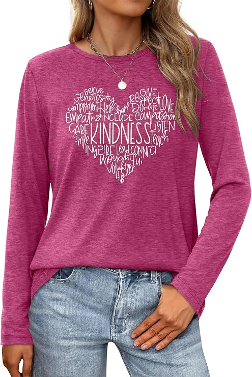 Anbech Long Sleeve Shirts for Women Graphic Tees Fall Clothes Kindness Tops