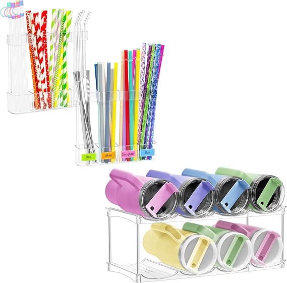 2 Pack Acrylic Straw Holder for Cabinet Door - Reusable Straw Storage Organizer Space-Saving Straws Organizer for Kitchen & Kitchen Stackable Water Bottle Organizer