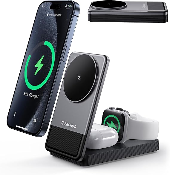 ZEEHOO 3 in 1 Charging Station for Magsafe Charger, Portable Fast Wireless Charger Stand, Foldable Apple Watch Charger for iPhone 16/15/14/13/12, AirPods, Apple Watch (Charger not Included)
